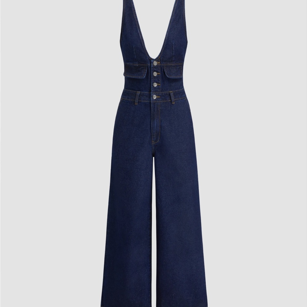 Cider Navy Wide-Leg Deep-V Denim Overalls with Tan Patch - Picture 3 of 3
